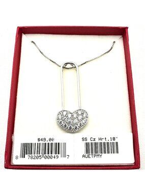 Sterling Silver Necklace CZ Heart Pendant 18 Inch New in Box Gift For Her